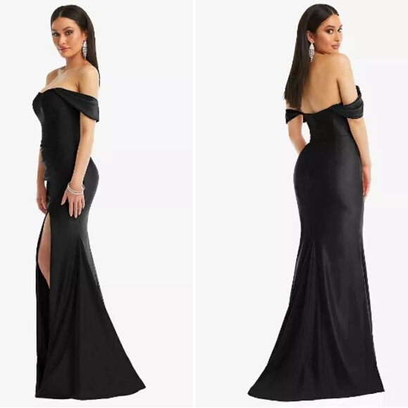 Cynthia & Sahar Stretch Satin Off-the-Shoulder Corset Mermaid Dress Black L NWOT - Picture 1 of 13